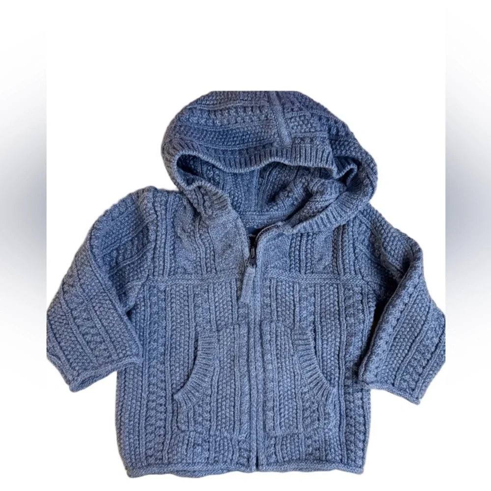 GAP Baby Blue Cable Knit Zip Hoodie Sweater 3-6 Months Classic Neutral Cozy